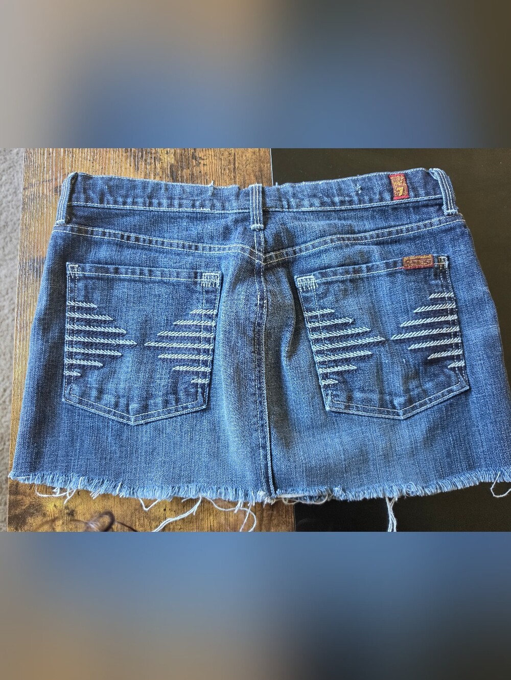 7 For All Mankind Distressed Denim Mini Skirt Raw Hem Embroidered Pockets Size 3